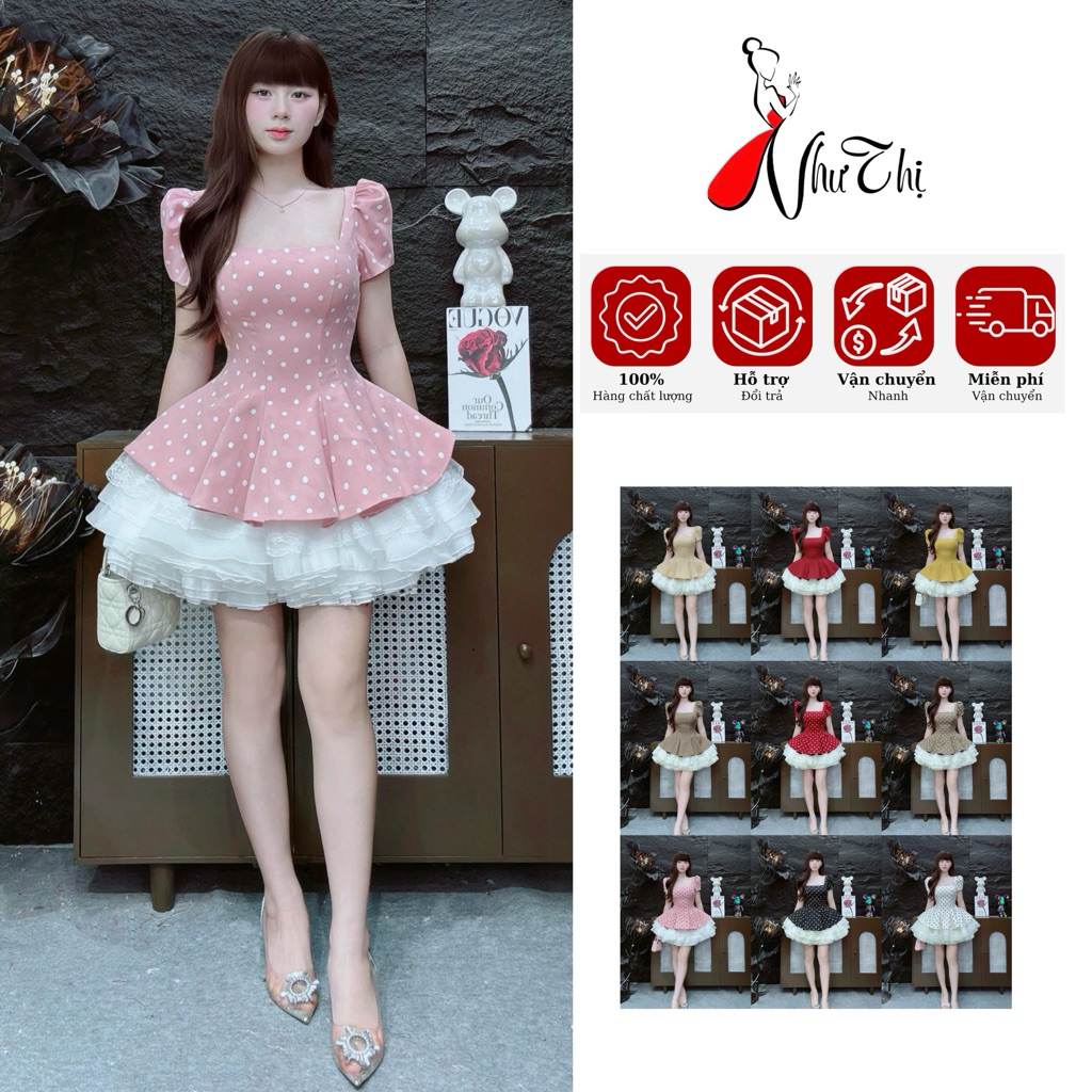 C212 Đầm ngắn chấm bi cổ vuông kín lưng có tay xoè phồng