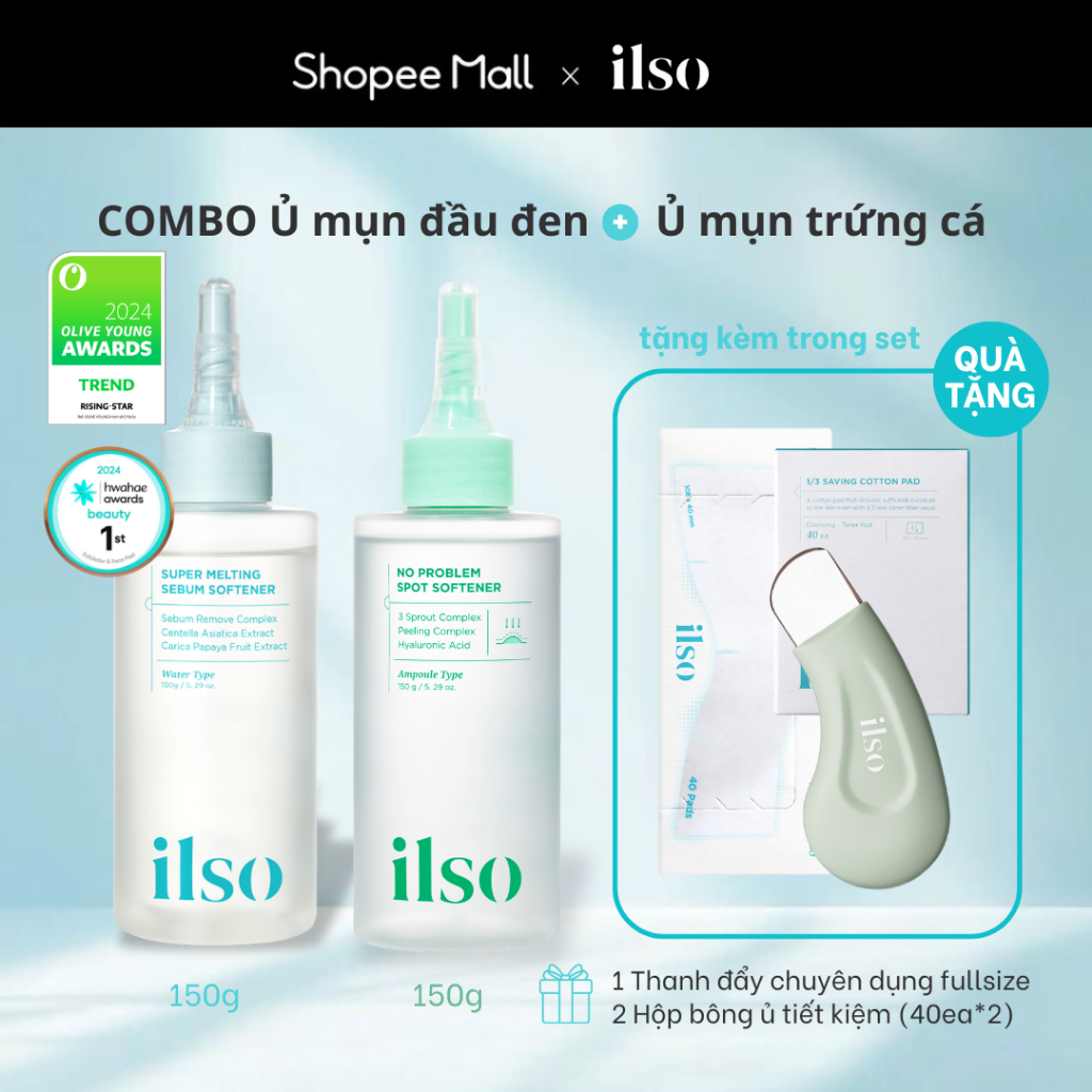 [ Võ Hà Linh x ilso ] 🎉BIG SALE🎉 COMBO 2 Ủ MỤN _ Tinh chất ủ mụn đầu đen 150ml +TInh chất ủ mụn trứng cá 150ml Tặng kèm dụng cụ và bông ủ Fullsize