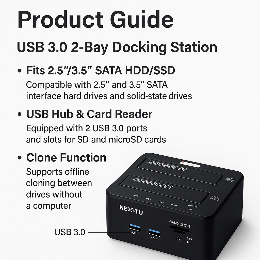 Trạm Docking HDD & SSD có Hub & Đầu đọc thẻ NEXT-TU USB 3.0 2-Bay [CORI] - nhà sản xuất Hàn Quốc