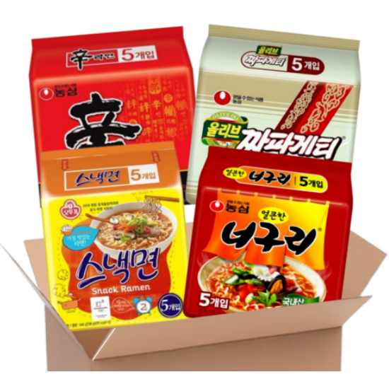 Shin Ramyun Hàn Quốc (5 gói) + Chapagetti Olive (5 gói) + Ramen Snack (5 gói) + Nongshim Raccoon (5 