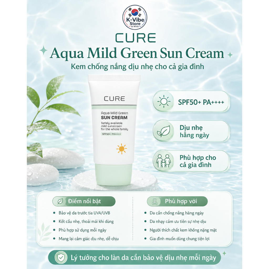 [K-Vibe Store] Kem chống nắng dịu nhẹ Kim Jung Moon Aloe Cure Aqua Mild Green Sun Cream SPF50+ PA+++