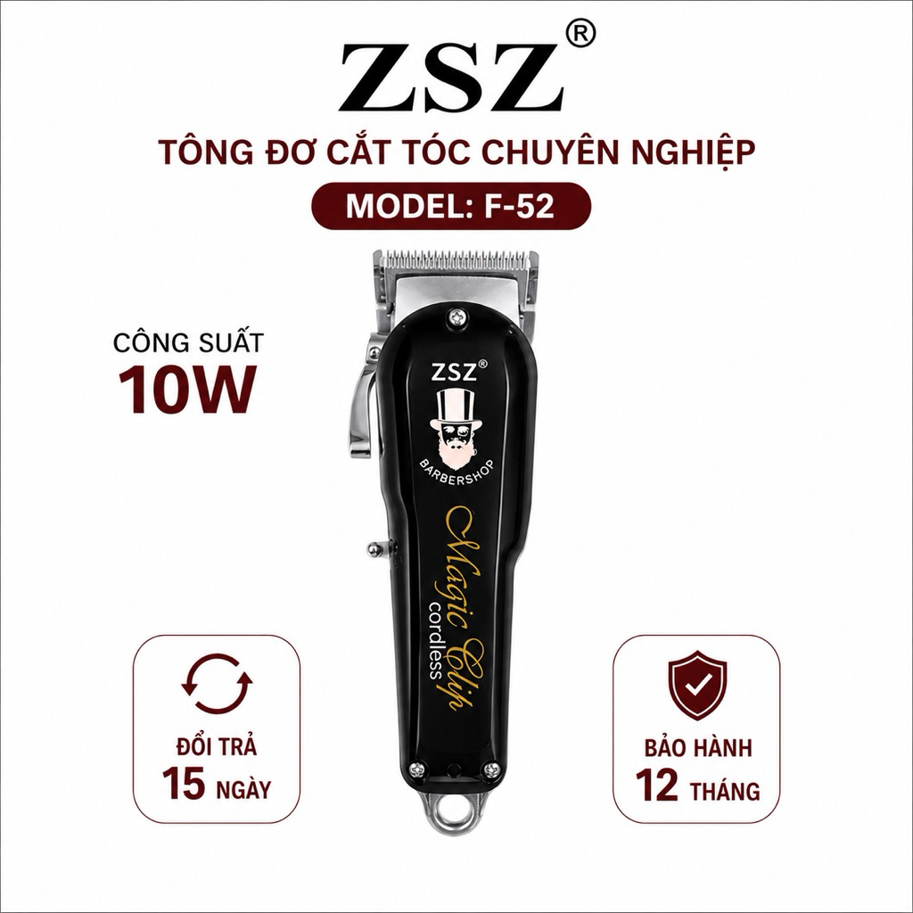 Tông Đơ Cắt Tóc ZSZ F52 10W Không Dây Chuyên Nghiệp - Lưỡi Thép Không Gỉ, Pin Trâu, Kèm 6 Cữ Cắt