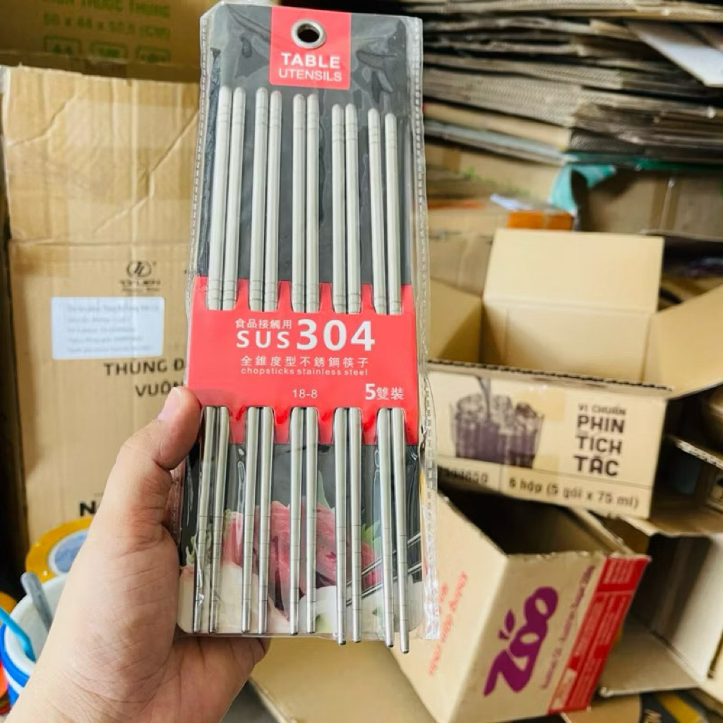 [CHÍNH HÃNG]Đũa inox 304 chống trượt cao cấp, set 5 đôi đũa vuông khắc vân chống trơn trượt cao cấp