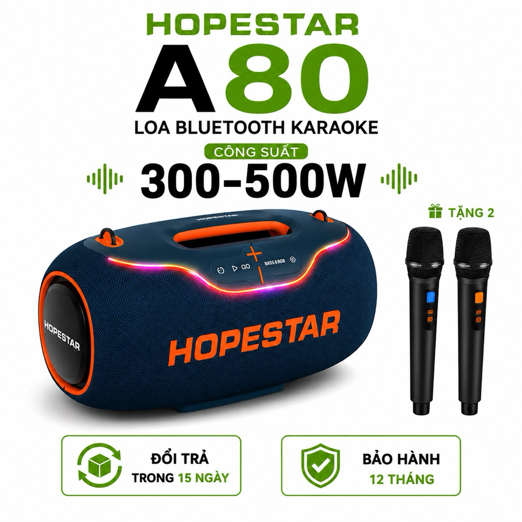 Loa Bluetooth Karaoke HOPESTAR A80 300-500W Kèm 2 Micro Không Dây - Pin 30000mAh, Bass Mạnh, Đèn LED