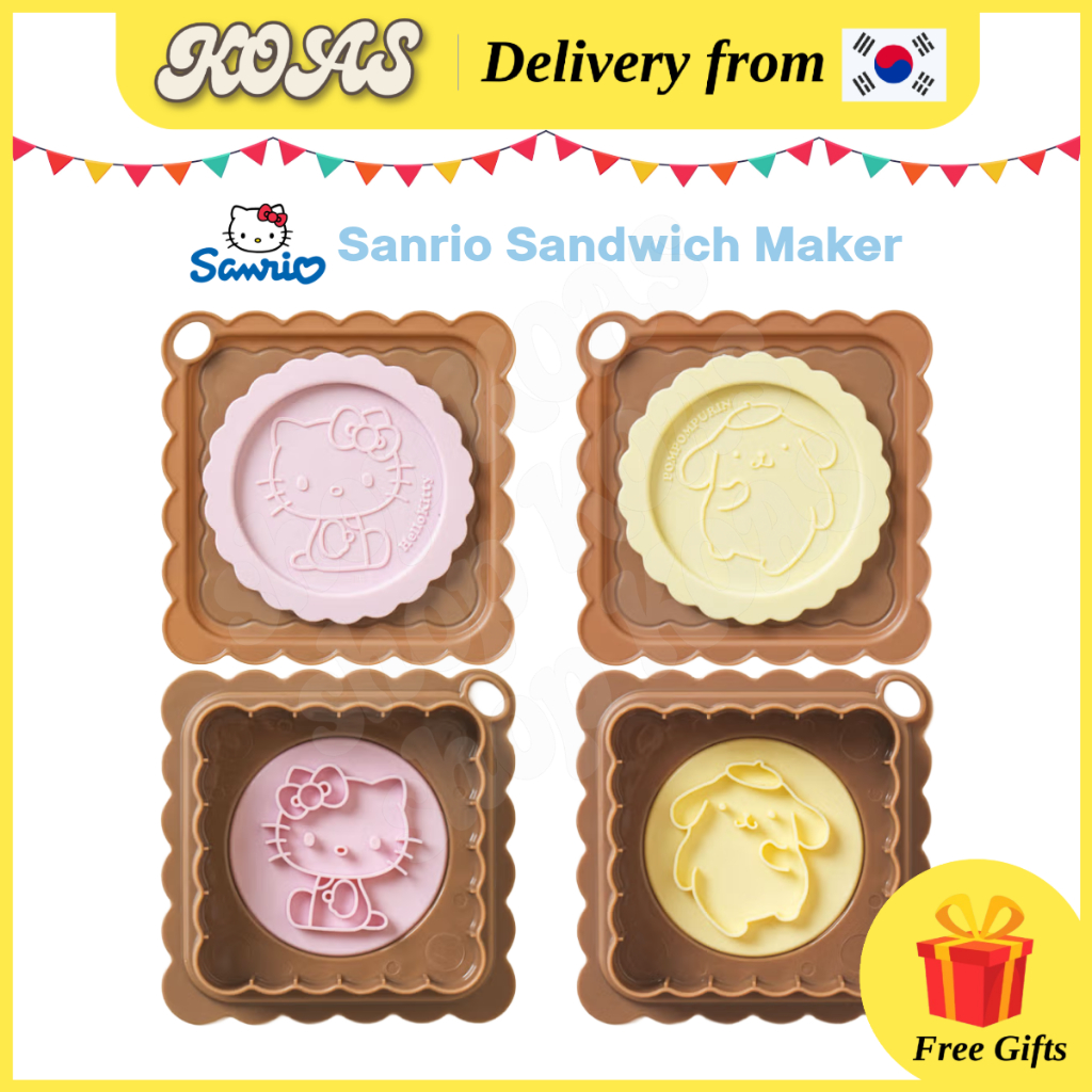 [Sanrio] Máy làm bánh Sandwich, Hello Kitty & Pompompurin,, Khuôn cắt bánh mì, Máy ép bánh mì nướng nhỏ gọn
