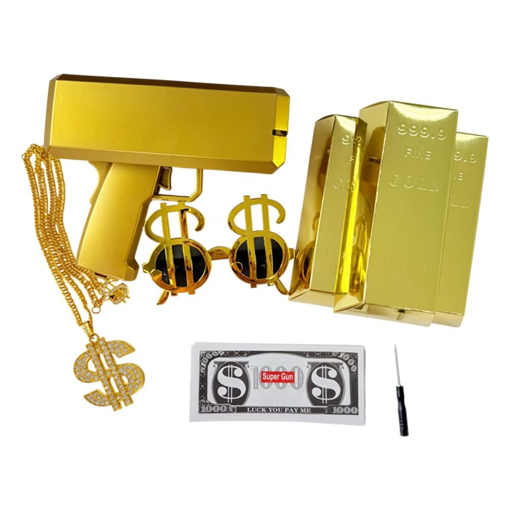 Bộ I Am Rich – Súng siêu tiền + Hóa đơn tiền giấy (100 tờ) + Hộp thanh vàng + Kính râm đô la + Vòng 