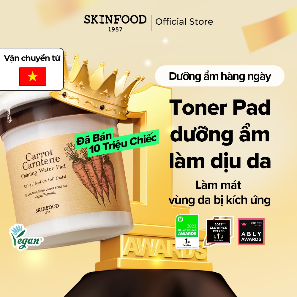   SKINFOOD Official  Hộp 60 miếng bông cà rốt   làm dịu mẩn đỏ và mát da   Carrot Carotene Calming Water Pad   Toner Pad 