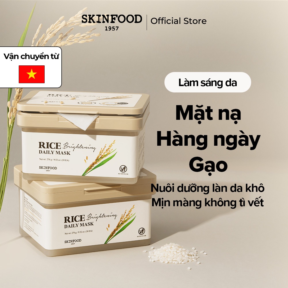   SKINFOOD Official  Mặt nạ hàng ngày dưỡng trắng da tinh chất gạo 30 miếng   Da sáng rạng rỡ   Làm sáng và nuôi dưỡng làn da khô   Rice Brightening Daily Mask 