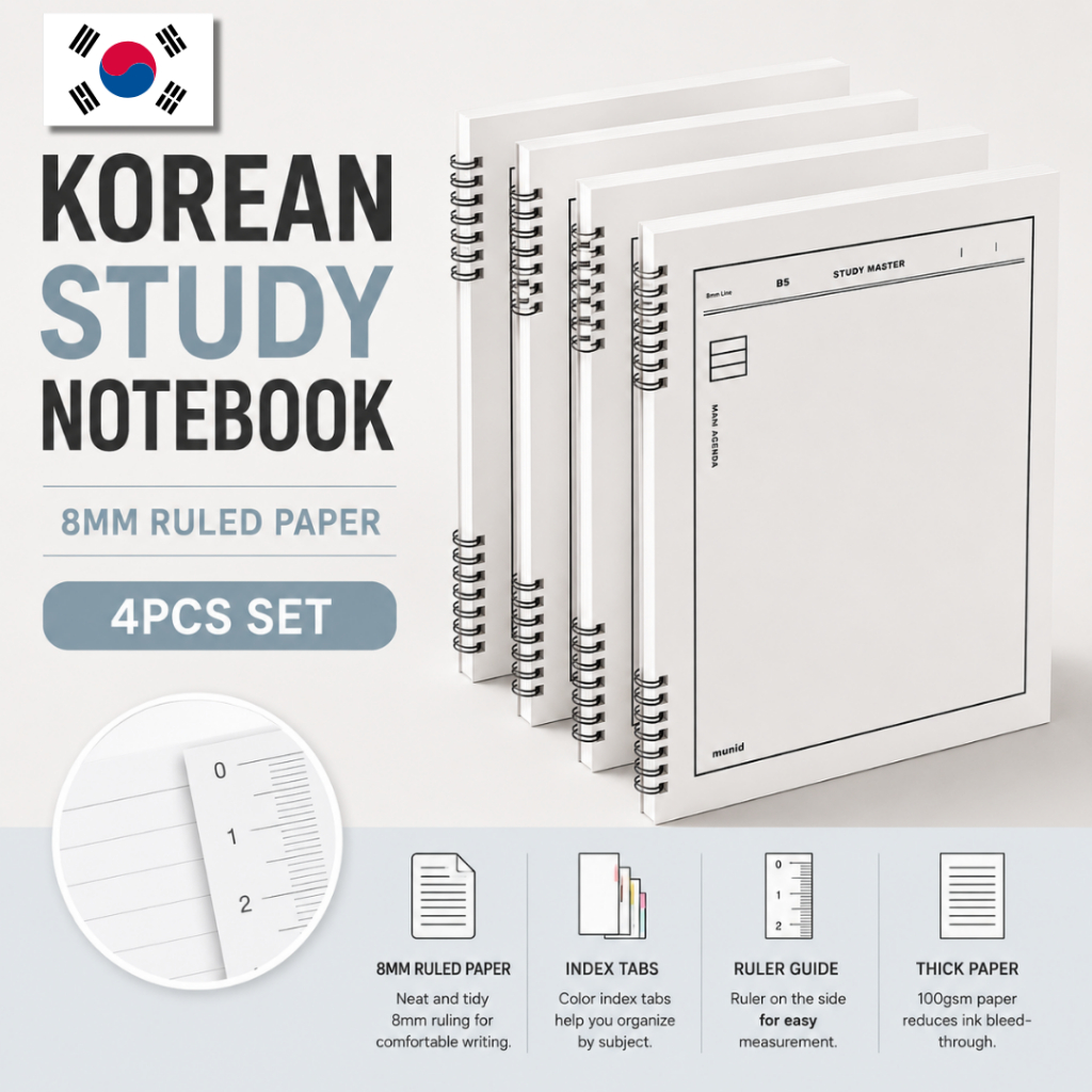 Hàn Quốc 8mm Ruled Spiral Notebook B5 Trắng 4 Bộ 100gsm Study Note Cornell Note Paper