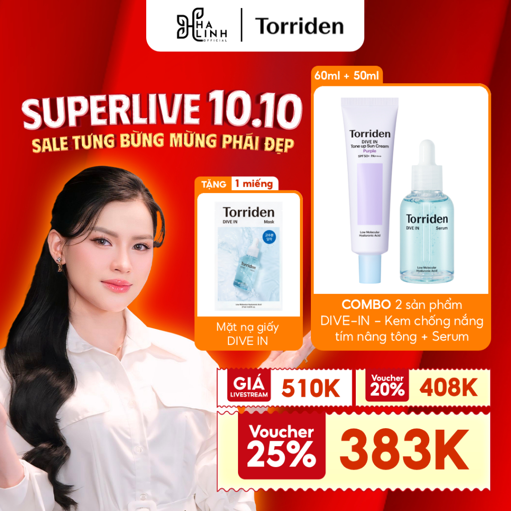   Võ Hà Linh X Torriden  COMBO DIVE-IN - Kem chống nắng tím nâng tông da 60ml + Serum 50ml  TẶNG 01 MIẾNG MẶT NẠ DIVE-IN  