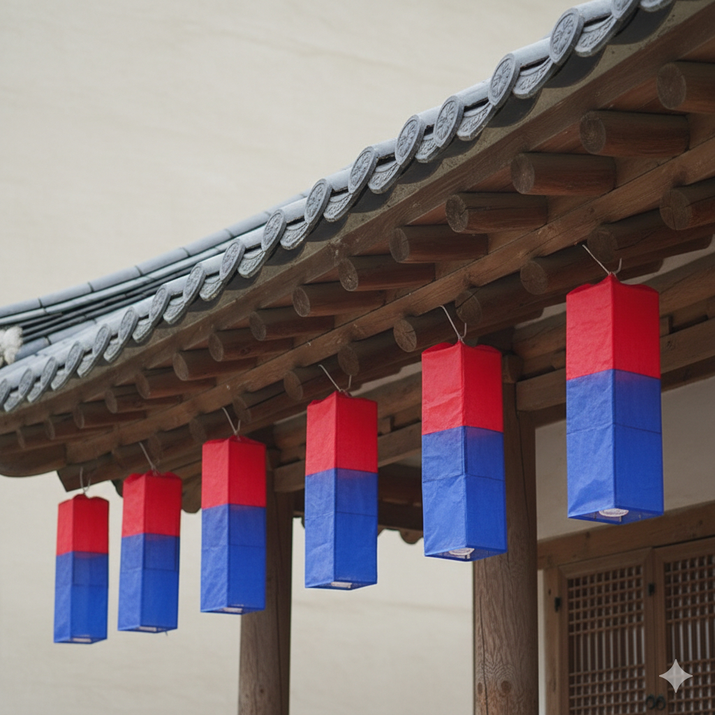 Đèn lồng lồng truyền thống Hàn Quốc sườnsachorong với bóng lụa đỏ và xanh lam Đèn lồng dân gian Hàn 