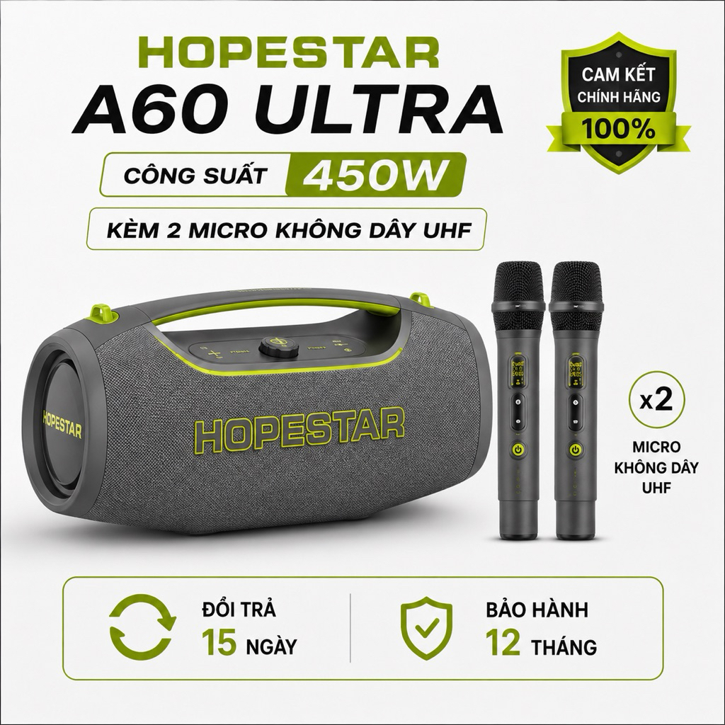 Loa Bluetooth Karaoke HOPESTAR A60 Ultra 450W Kèm 2 Micro Không Dây UHF - Bluetooth 5.4, Pin 32000mA