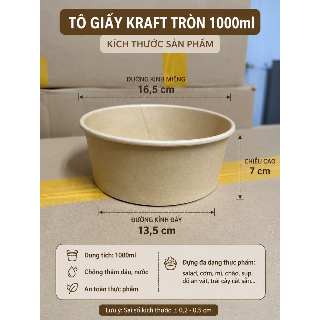 Tô Giấy Kraft Có Nắp 1000ml 1 Thùng 500 Chiếc Đựng Bún Phở Cháo Cơm Giá Sỉ