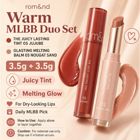 Rom & nd Warm MLBB Lip Duo Set 7g The Juicy Lasting Tint 05 Jujube + Glasting Melting Balm 05 Nougat