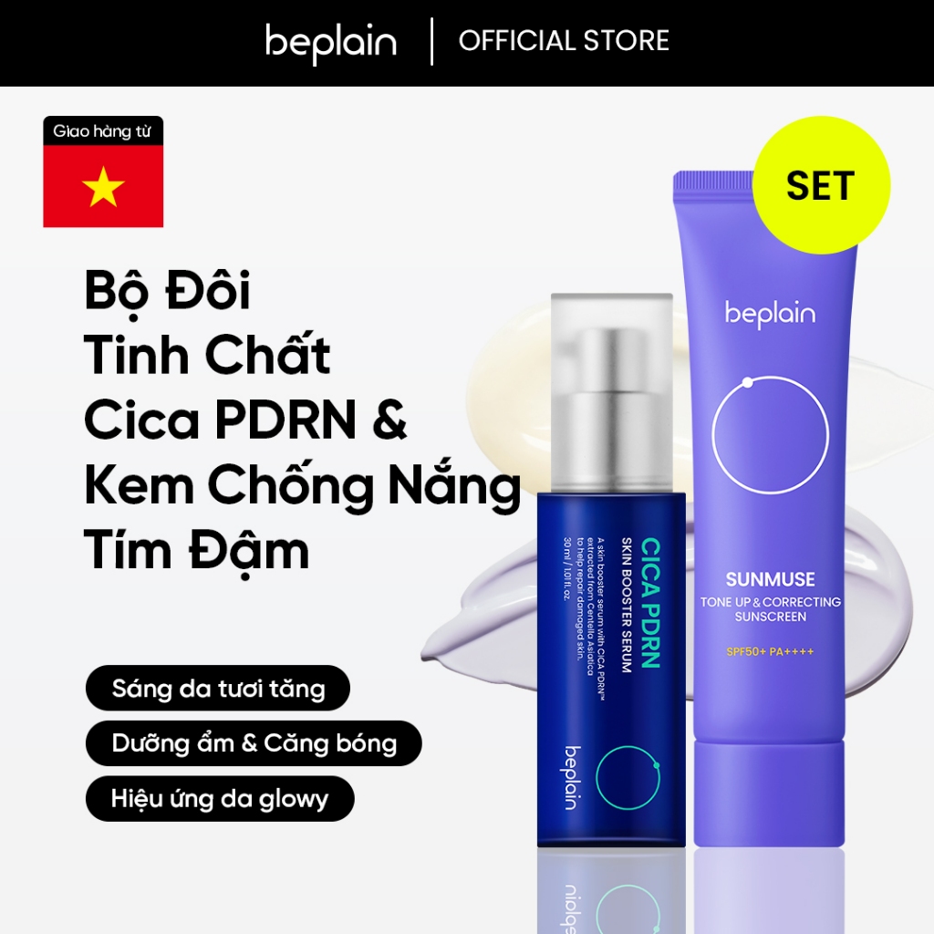 [Beplain Chính Hãng] [ Combo độc quyền] Tinh chất BEPLAIN PDRN Rau Má phục hồi tổn thương cho da, cấp ẩm & căng bóng Skin Booster Serum 30ml + Kem chống nắng Sunmuse lai Vật Lý & Hoá Học Nâng Tone & Hiệu chỉnh da SPF 50+ 50ml