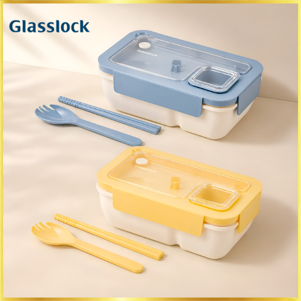 Hộp cơm trưa nắp trong suốt Glasslock 850ml Hộp Bento chống rò rỉ kèm thìa Đũa Hộp đựng nước sốt