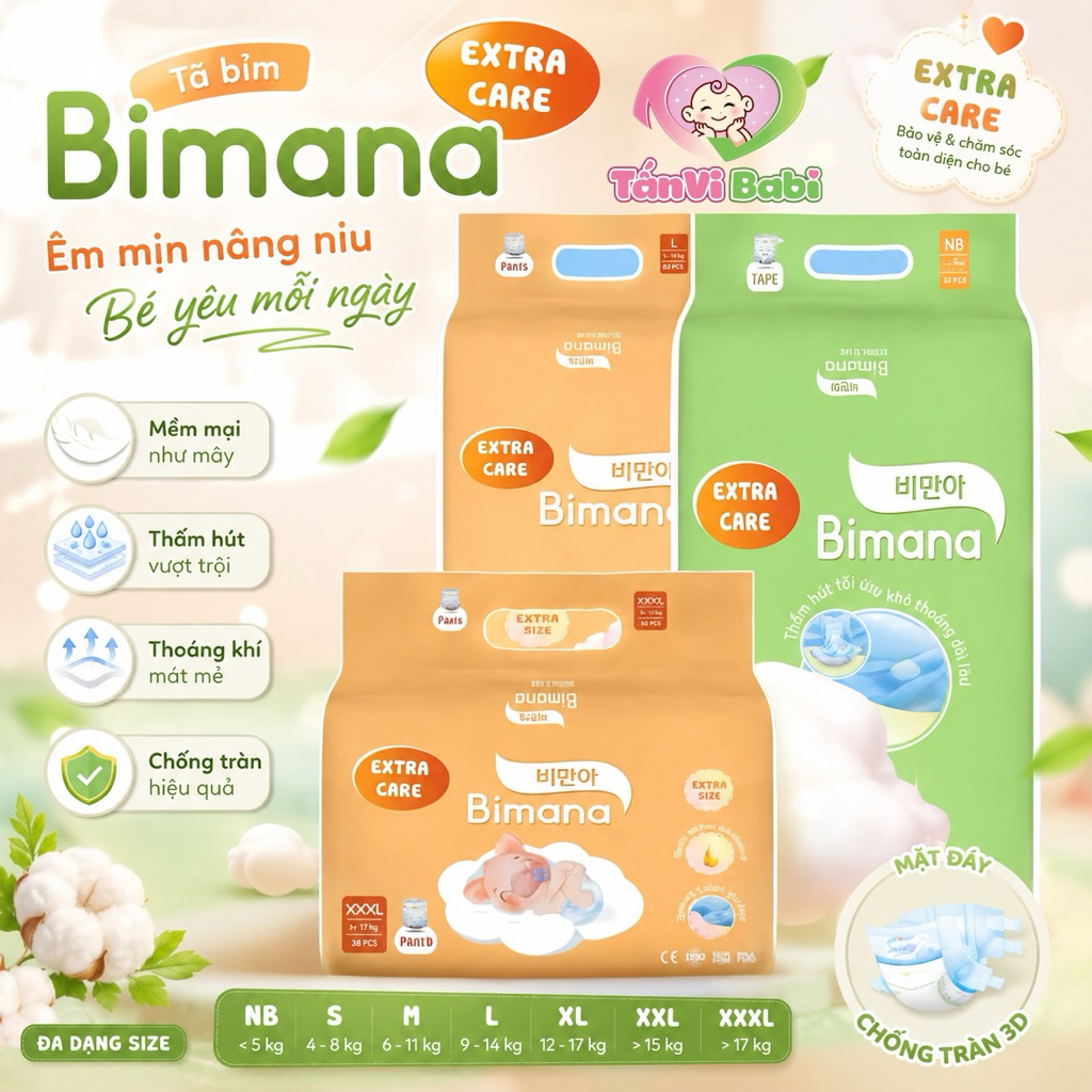 tã bỉm Bimana Extra Care chuẩn Hàn Quốc khô thoáng,mỏng nhẹ