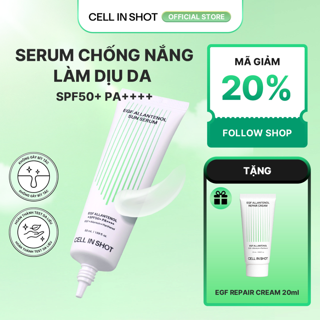 [CELL IN SHOT]  Serum chống nắng EGF Allantenol Sun Serum 50ml SPF50+ PA++++ làm dịu da, giảm mụn, nhẹ mặt cho da nhạy cảm