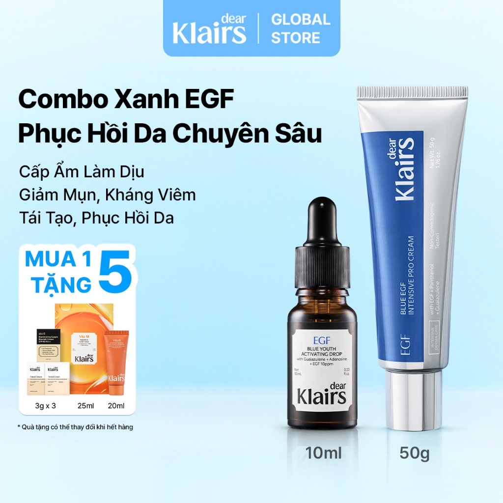 [Dear Klairs] Combo Xanh EGF Phục Hồi Da Chuyên Sâu - Nước Xanh EGF 10ml (Blue Drop) + Kem Dưỡng Ẩm 