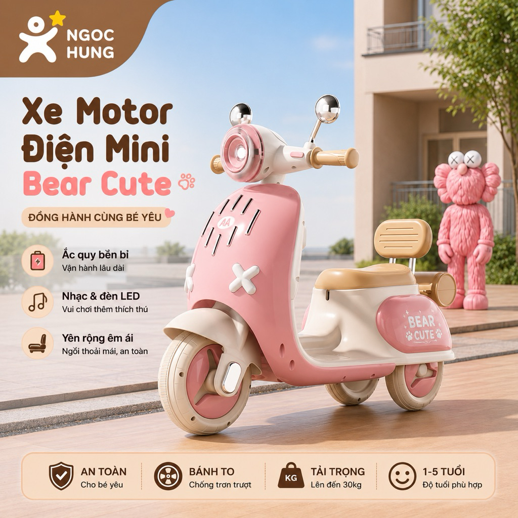 🚚 Giao Hỏa Tốc HCM - Ráp Sẵn| Xe Motor Điện Mini Bear Cute 1 Động Cơ 6V4Ah Cho Bé 1-5 Tuổi Có Đèn LE