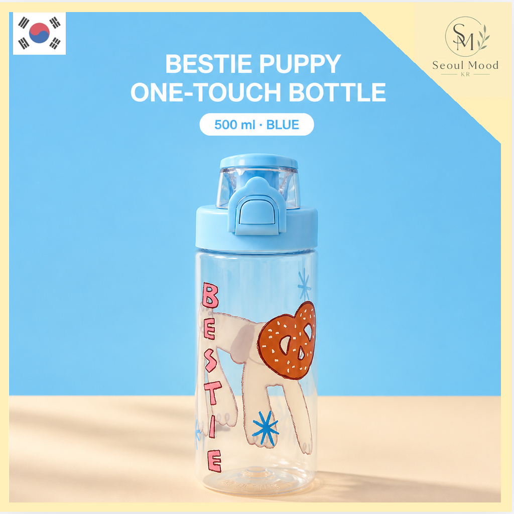 [NHÀ HIỆN ĐẠI] Bình nước One-Touch Bestie Puppy 500ml Xanh | Chai trong suốt nhẹ có nắp lật