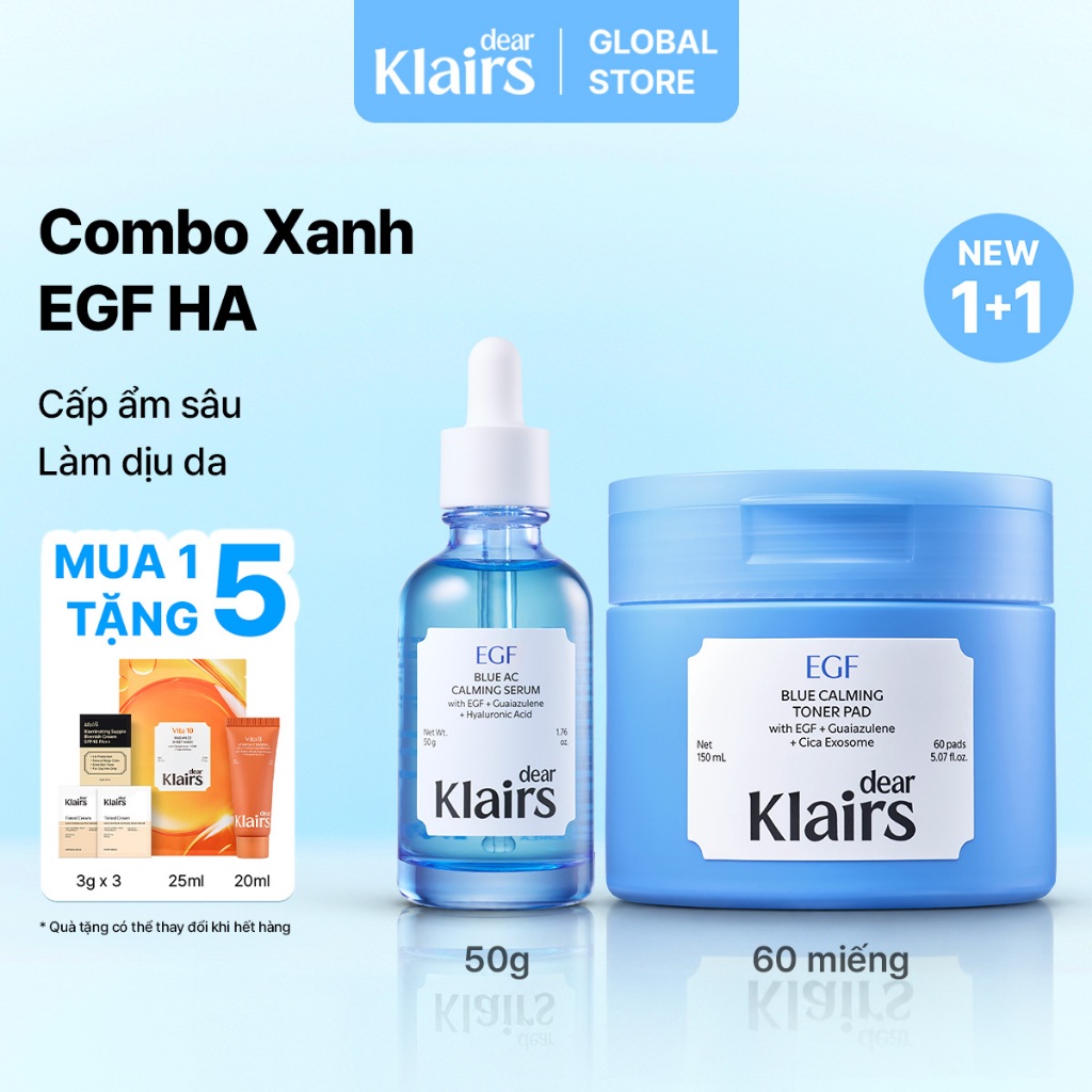 [Klairs Global] [Combo Xanh EGF HA] Dear Klairs EGF Blue AC Calming Serum 50g+ EGF Blue Calming Tone