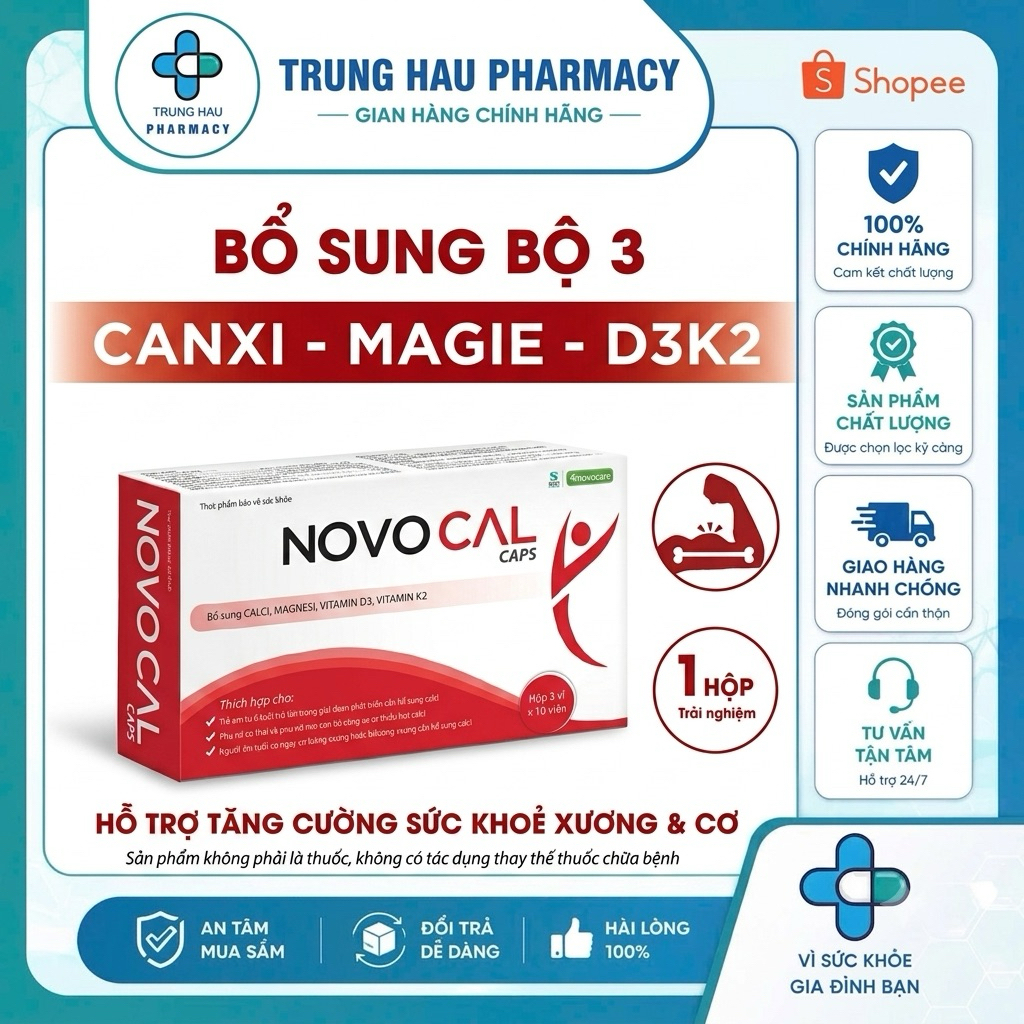 Viên uống Canxi Novocal Caps - Bổ sung canxi, mangie, d3k2 hỗ trợ xương cơ chắc khoẻ
