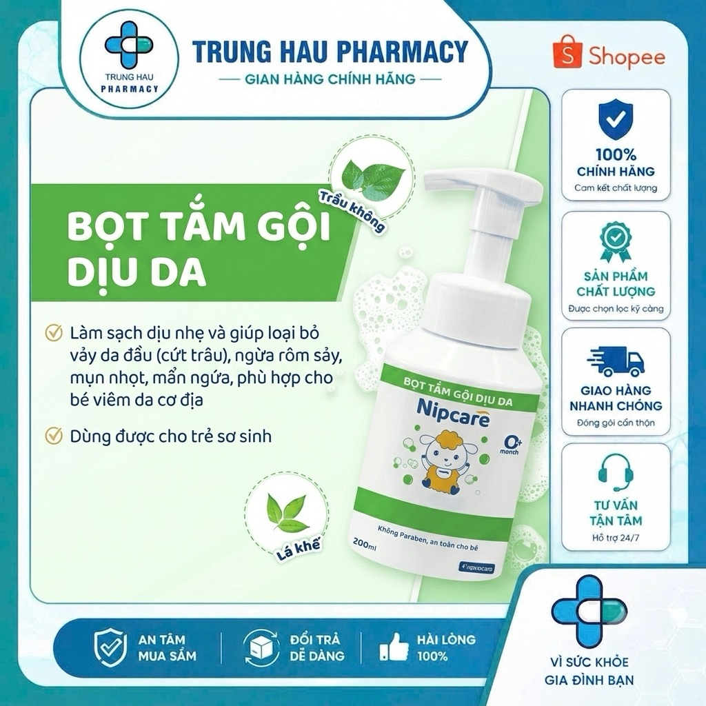 Bọt tắm gội cho bé Nipcare 200ml - Hỗ trợ rôm sảy, mẩn ngứa, phù hợp cho bé viêm da cơ địa