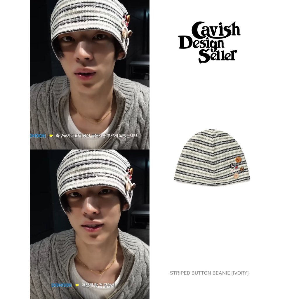 CAVISH ILLIT MINJU DOHOON Striped Button Beanie Mũ Len Kẻ Sọc Hàn Quốc Knit Hat Ấm Áp Casual