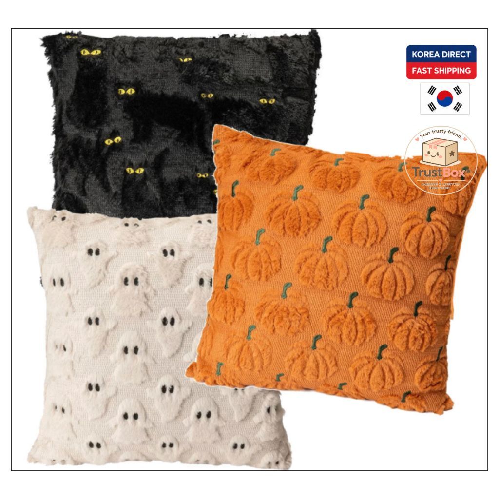 🇰🇷 Cao Cấp Halloween Ma Bí Ngô Mèo Đen Thêu Lông Thú Giả Gối Sang Trọng Ném Đệm Hai Chiều 50x50cm So