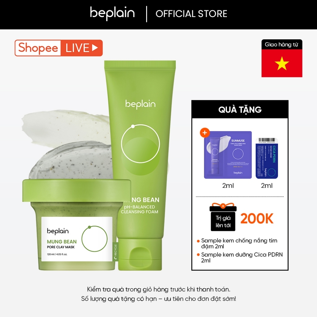 [Beplain Chính Hãng] Sữa rửa mặt BEPLAIN Đậu Xanh cân bằng độ pH 80ml & Mặt nạ đất sét beplain X Leo