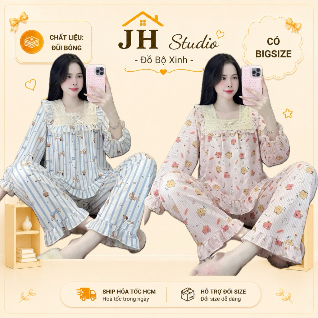 (Có Bigsize) Pijama Đồ Ngủ Nữ Tay Dài Quần Dài Cổ Bèo Chất Liệu Đũi Xốp Mềm Jerry Home