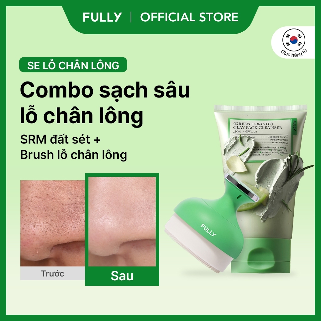 [FULLY Chính hãng] COMBO Sữa rửa mặt kiêm mặt nạ đất sét cà chua xanh 120ml + Brush làm sạch lỗ chân lông