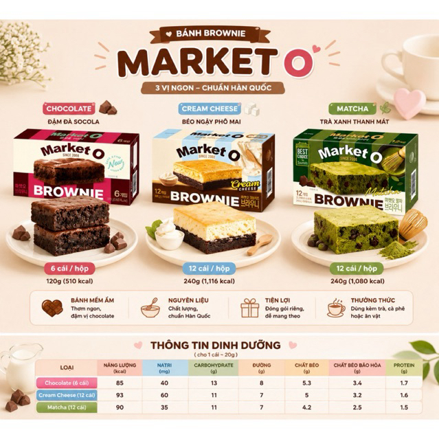 Bánh Brownie Market O Hàn Quốc – Chocolate / Cream Cheese / Matcha