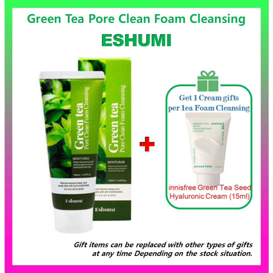 Eshumi GreenTea Pore Clean Foam Cleaning [Quà tặng miễn phí #60】 Kem Hyaluronic hạt trà xanh innisfr