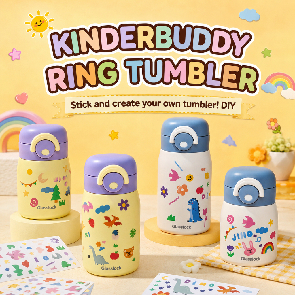 Glasslock Kinder Buddy Ring Tumbler 200ml 350ml Insulated Bottle with DIY Stickers Korean Kitchen