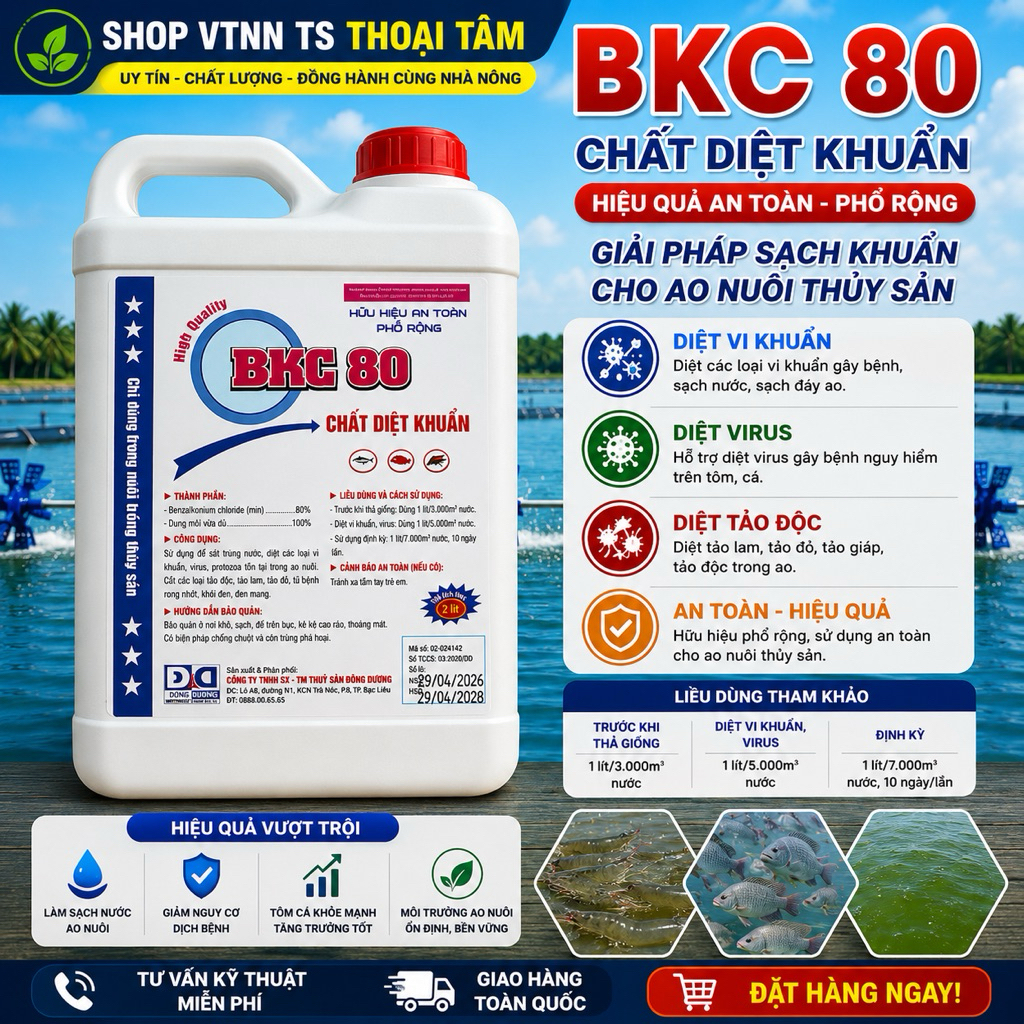 BKC 80 Chất diệt khuẩn can 2 lit ,dùng cho ao nuôi thuỷ sản