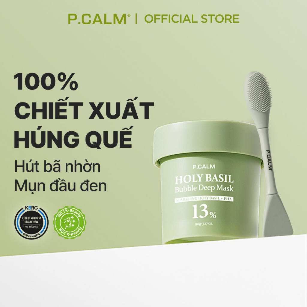 [P.CALM] Combo Mặt Nạ Sủi Bọt Đất Sét Húng Quế HOLY BASIL BUBBLE MASK 90g giúp giảm mụn đầu đen, bã nhờn kèm dụng cụ đắp mask Miếng bọt biển làm sạch / Cọ rửa mặt 2 đầu silicon hỗ trợ làm sạch bã nhờn, bụi bẩn bít tắc lỗ chân lông