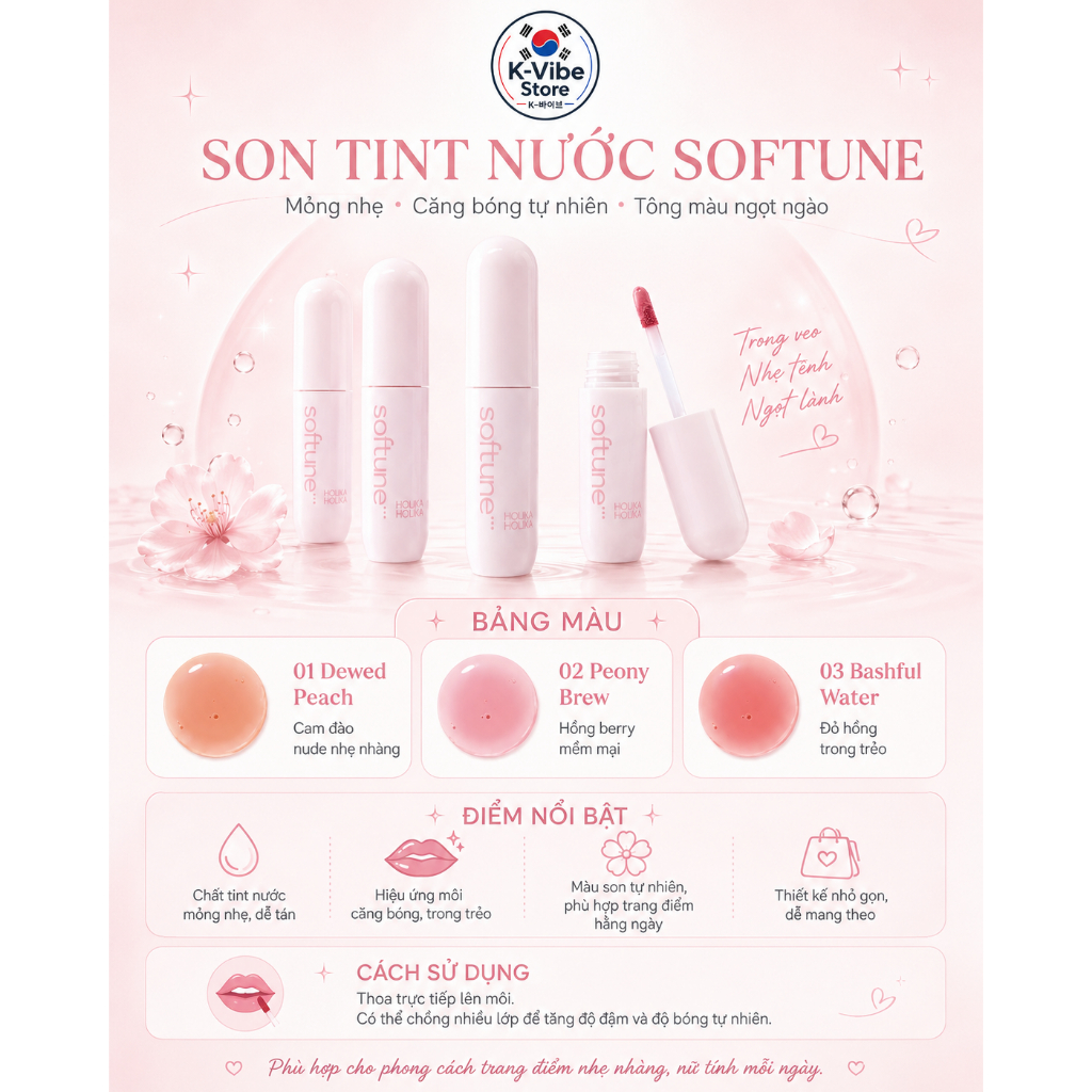 [K-Vibe Store] Son tint bóng Softune Nudy Water Tint