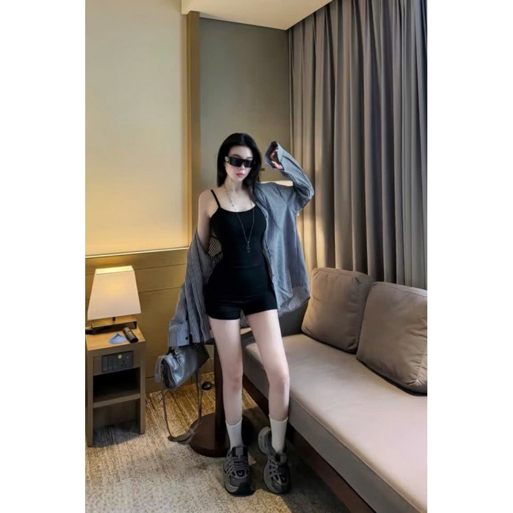 Set Bộ Nữ Áo Khoác Sơ Mi Kẻ Sọc + Jumpsuit Hai Dây Quần Short Thời Trang Hàn Quốc Form Đẹp