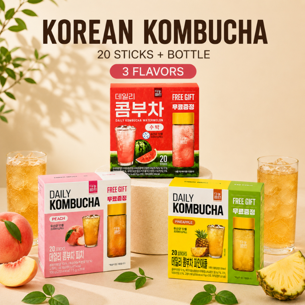 Danongwon Daily Kombucha 20 Que + 350ml Bộ Chai Dưa Hấu Đào Dứa Hàn Quốc Kombucha Uống