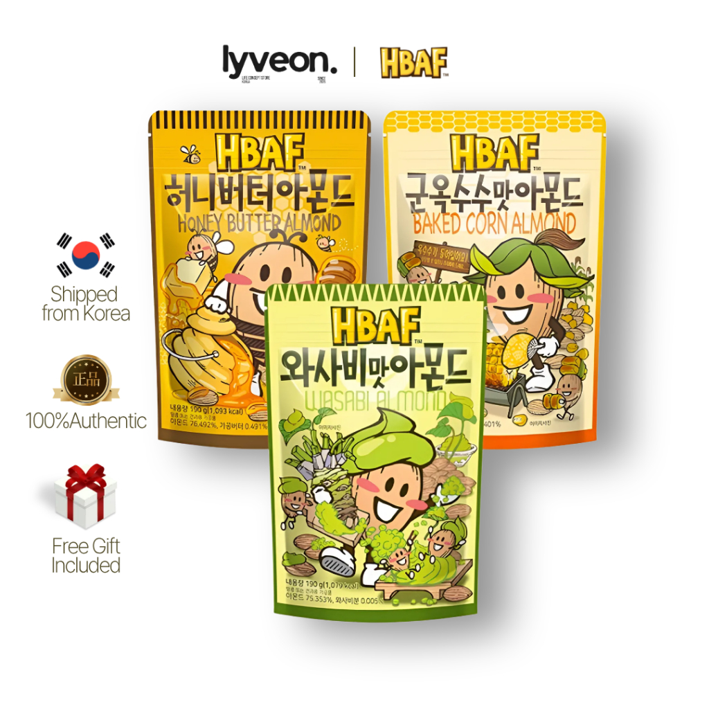 HBAF Hạnh Nhân Snack 190g x3 (Bơ Mật Ong + Wasabi + Ngô Rang) | Gói đa dạng hương vị Hàn Quốc | Snac