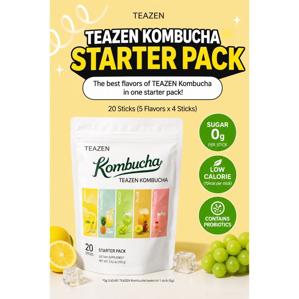 [TEAZEN] Gói khởi đầu Kombucha 20 que (5 hương x 4) | Kombucha Hàn Quốc | Không đường | 15 kJ | Prob