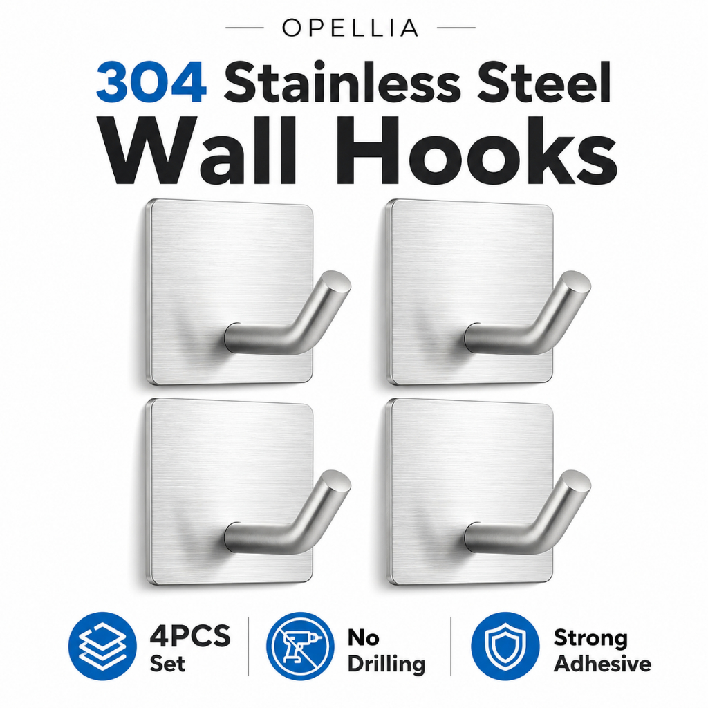 OPELLIA Self Adhesive Wall Hook 4PCS Stainless Steel No Drill Heavy Duty Kitchen Bathroom Hook