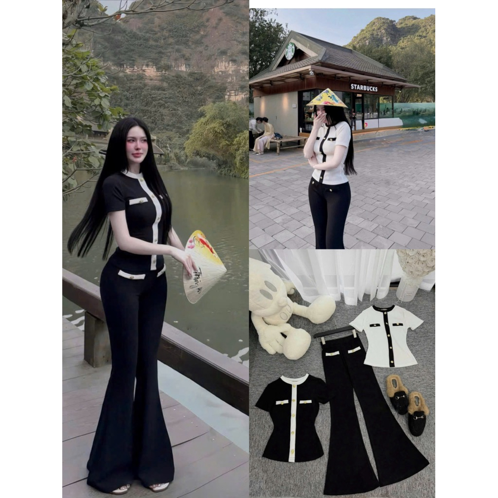 Kl101 Set đồ 2 món - Áo thiết kế phối khuy tinh tế + quần ống loe tôn dáng - Outfit đi chơi sang chả