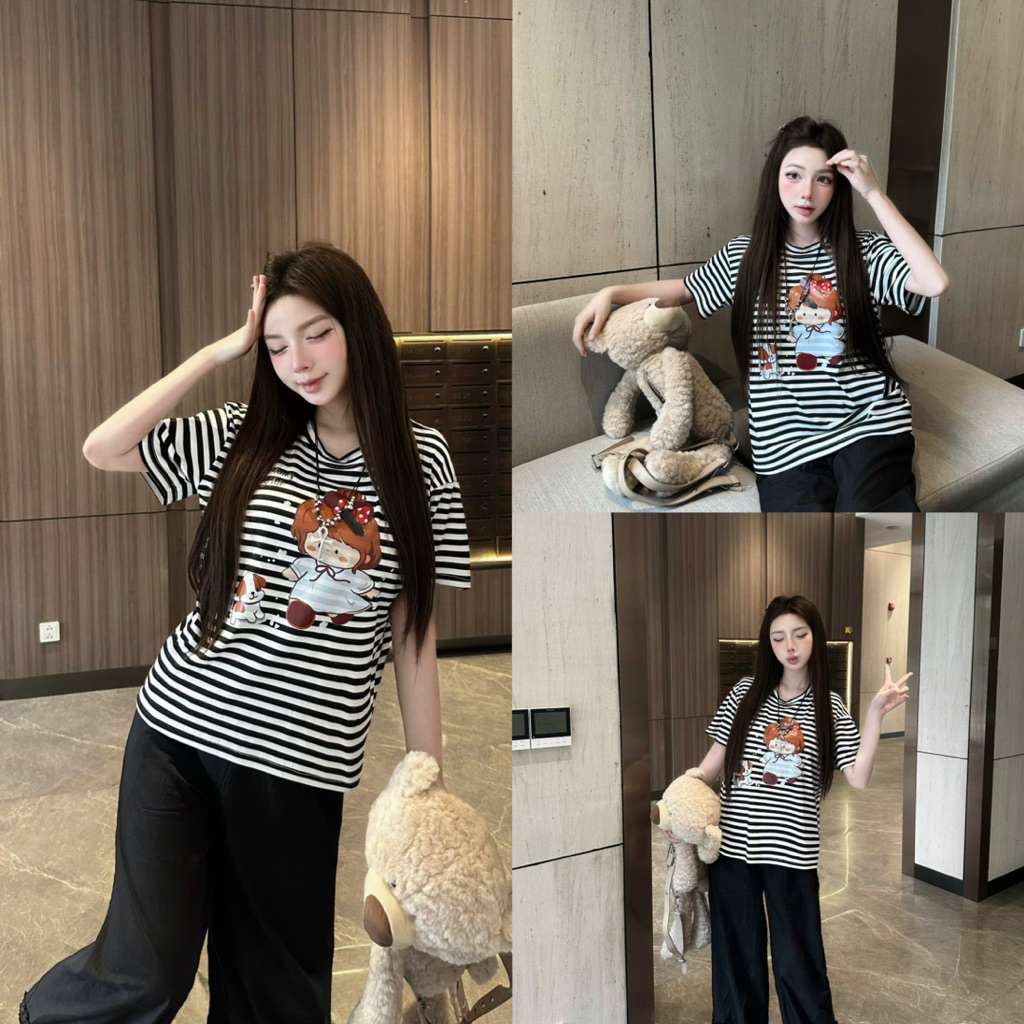 Hd118 Set nữ thiết kế - Áo phông in hoạ tiết kute phối quần suông bèo - Outfit đi chơi dạo phố