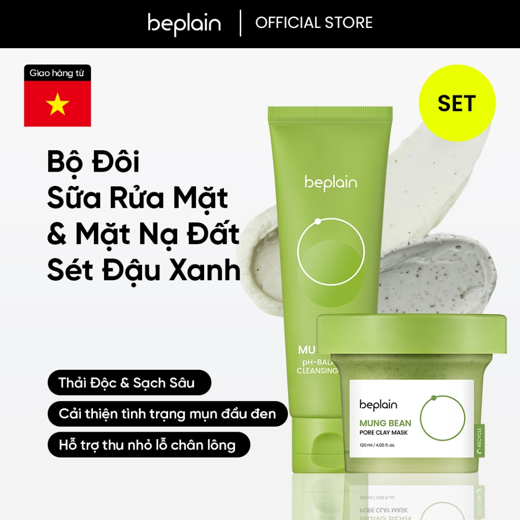 [Beplain Chính Hãng] Sữa rửa mặt BEPLAIN Đậu Xanh cân bằng độ pH 80ml & Mặt nạ đất sét beplain X Leo