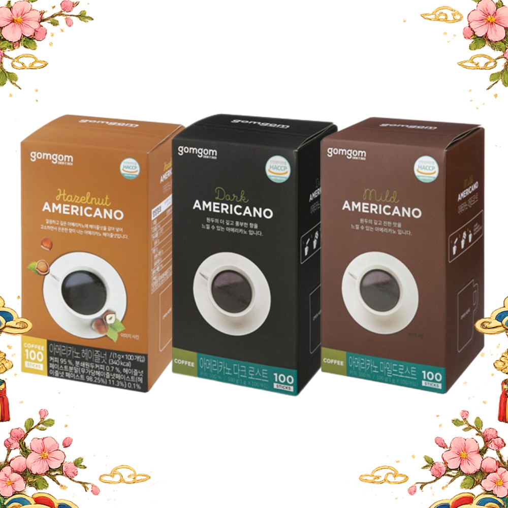 [gomgom] Cà phê que Americano Hàn Quốc 1g x 100 Hạt phỉ tối nhẹ 3 vị