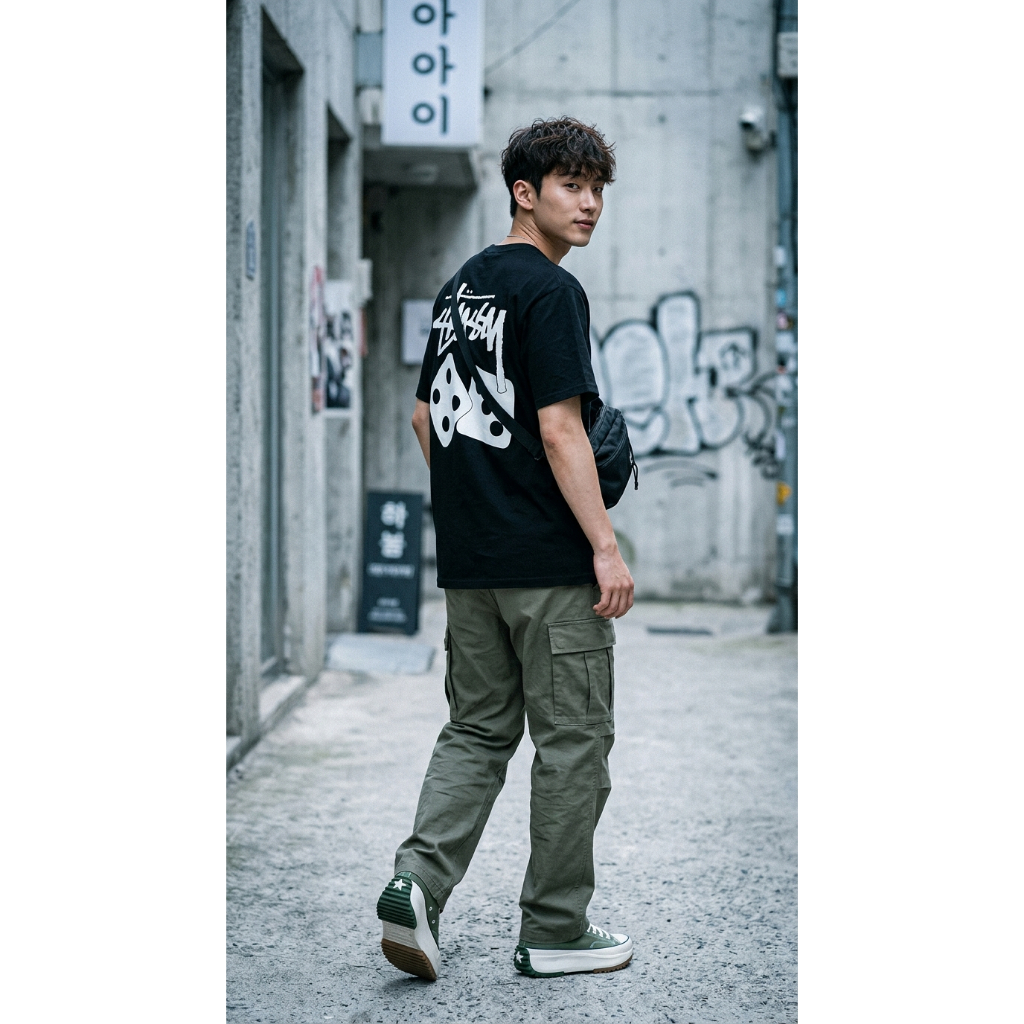 [Stussy] Áo thun ngắn tay có Logo xúc xắc, Áo thun Cotton họa tiết dạo phố, màu đen