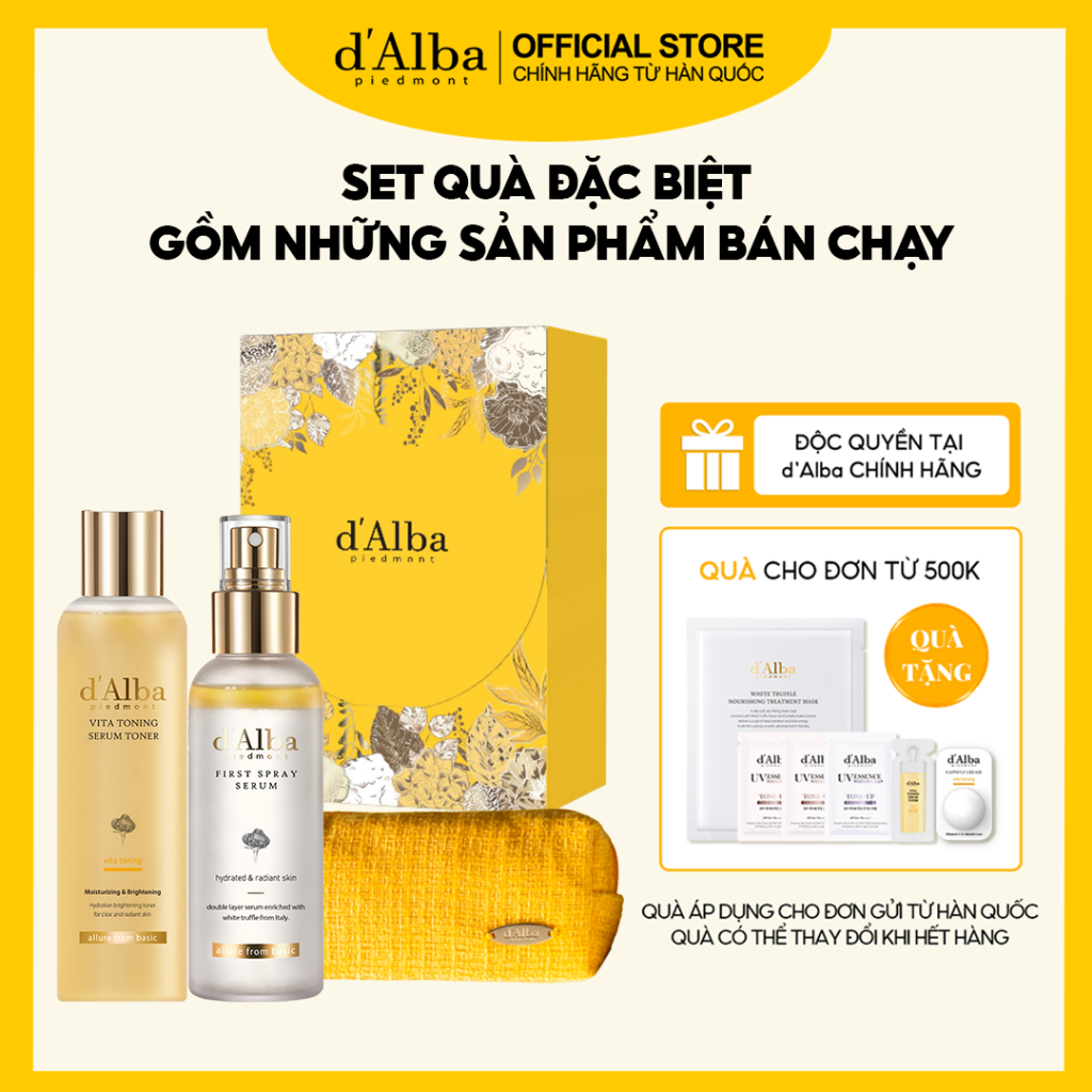 [d'Alba Official ] Set quà chăm sóc và dưỡng sáng da cao cấp  (Mist Serum 100ml, Serum Toner 180ml, Túi logo d'Alba màu vàng)